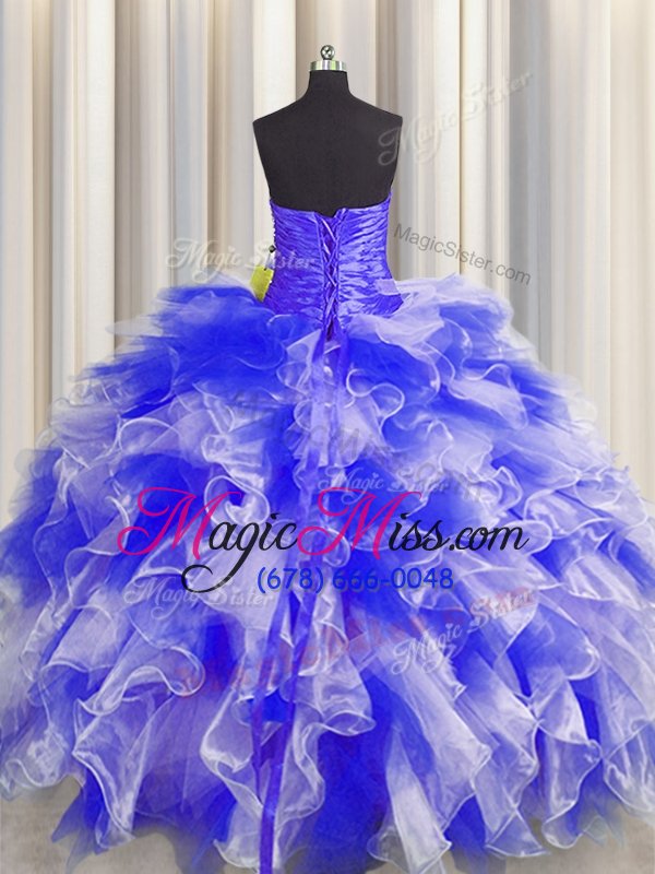 wholesale flirting blue and white lace up quinceanera gowns beading and ruffles and ruching sleeveless floor length