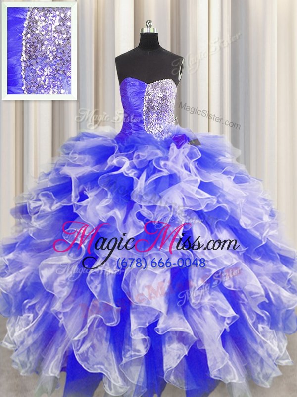 wholesale flirting blue and white lace up quinceanera gowns beading and ruffles and ruching sleeveless floor length