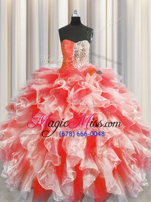 wholesale high quality red lace up sweetheart beading and ruffles quince ball gowns organza sleeveless