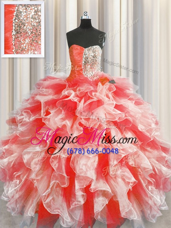 wholesale high quality red lace up sweetheart beading and ruffles quince ball gowns organza sleeveless