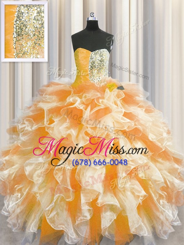 wholesale romantic orange organza lace up quinceanera gowns sleeveless floor length beading and ruffles