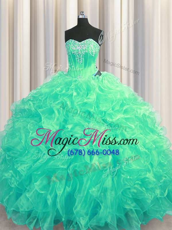 wholesale custom fit sleeveless organza brush train lace up quince ball gowns in turquoise for with beading and ruffles