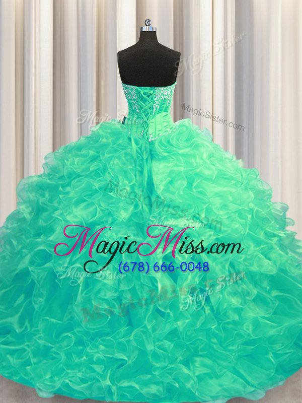 wholesale custom fit sleeveless organza brush train lace up quince ball gowns in turquoise for with beading and ruffles