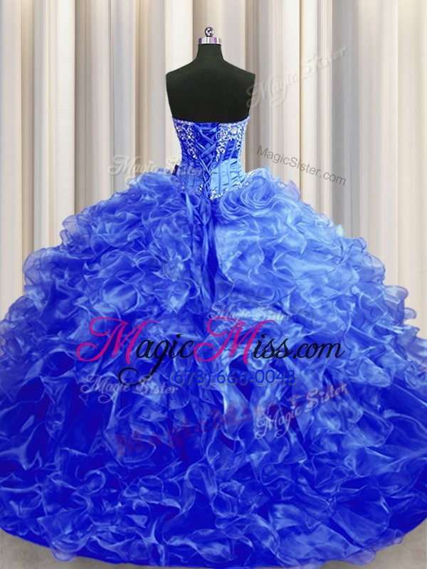 wholesale customized royal blue 15th birthday dress military ball and sweet 16 and quinceanera and for with beading and ruffles sweetheart sleeveless sweep train lace up