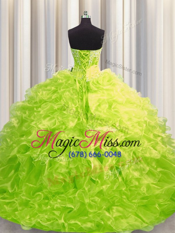 wholesale affordable yellow green long sleeves brush train beading and ruffles sweet 16 dresses