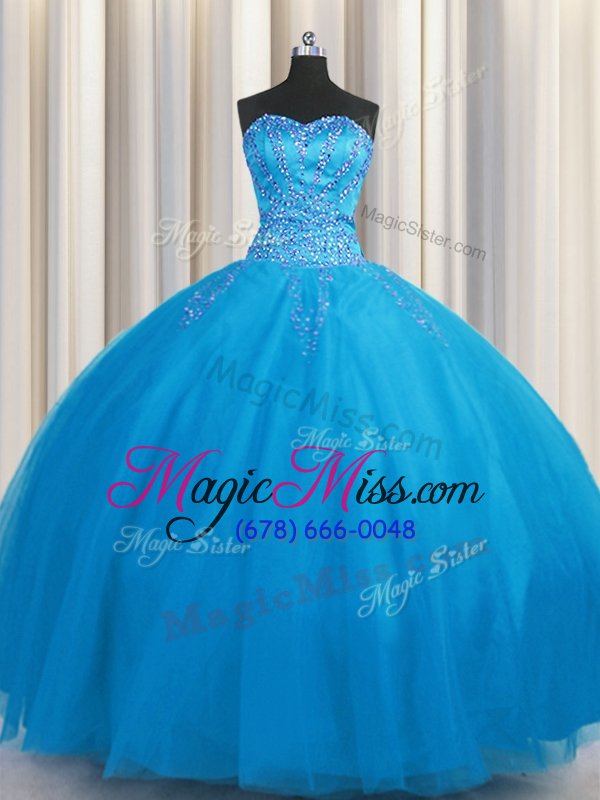 wholesale flare big puffy sleeveless tulle floor length lace up quinceanera gowns in blue for with beading