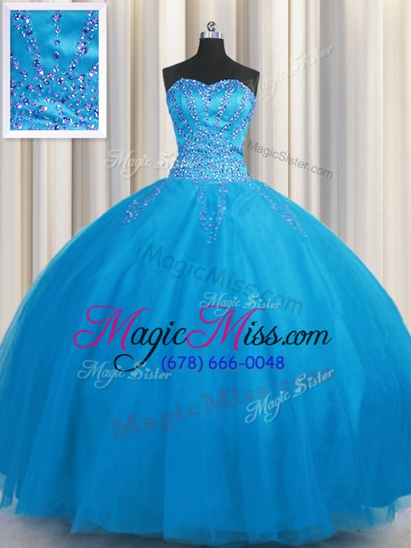 wholesale flare big puffy sleeveless tulle floor length lace up quinceanera gowns in blue for with beading