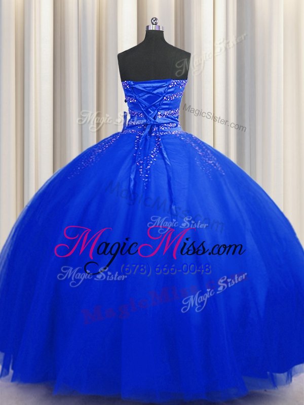 wholesale inexpensive puffy skirt sleeveless floor length beading lace up 15th birthday dress with royal blue