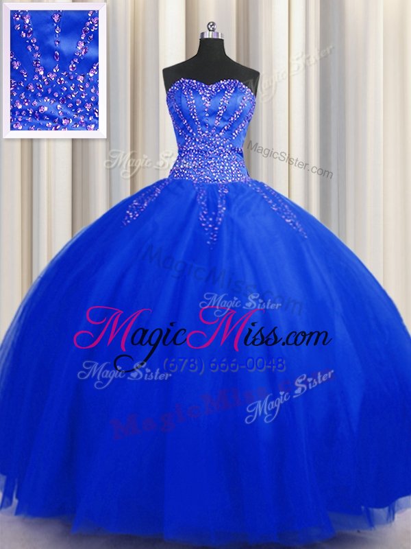 wholesale inexpensive puffy skirt sleeveless floor length beading lace up 15th birthday dress with royal blue