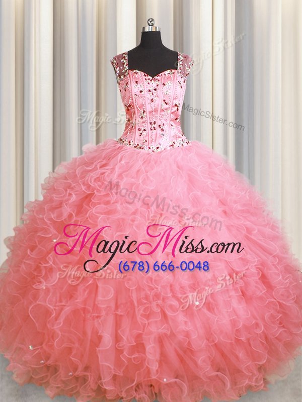 wholesale admirable see through zipper up beading and ruffles quinceanera gowns pink zipper sleeveless floor length
