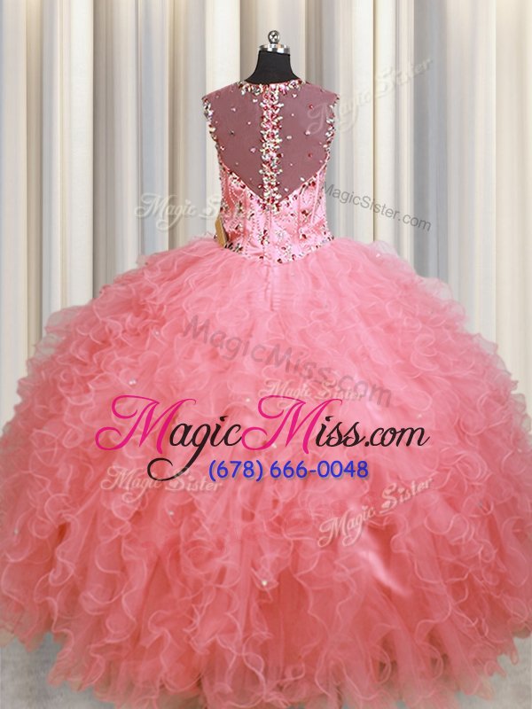 wholesale admirable see through zipper up beading and ruffles quinceanera gowns pink zipper sleeveless floor length
