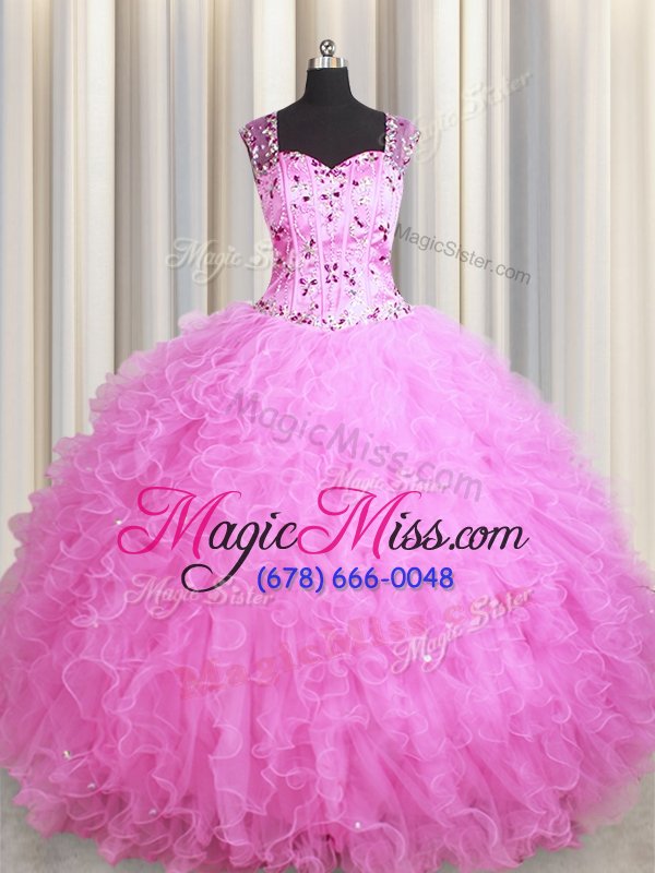 wholesale attractive see through zipper up rose pink tulle zipper sweet 16 quinceanera dress sleeveless floor length beading and ruffles
