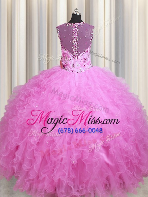 wholesale attractive see through zipper up rose pink tulle zipper sweet 16 quinceanera dress sleeveless floor length beading and ruffles