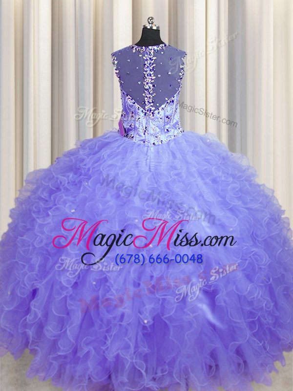 wholesale graceful see through zipper up beading and ruffles quince ball gowns lavender zipper sleeveless floor length