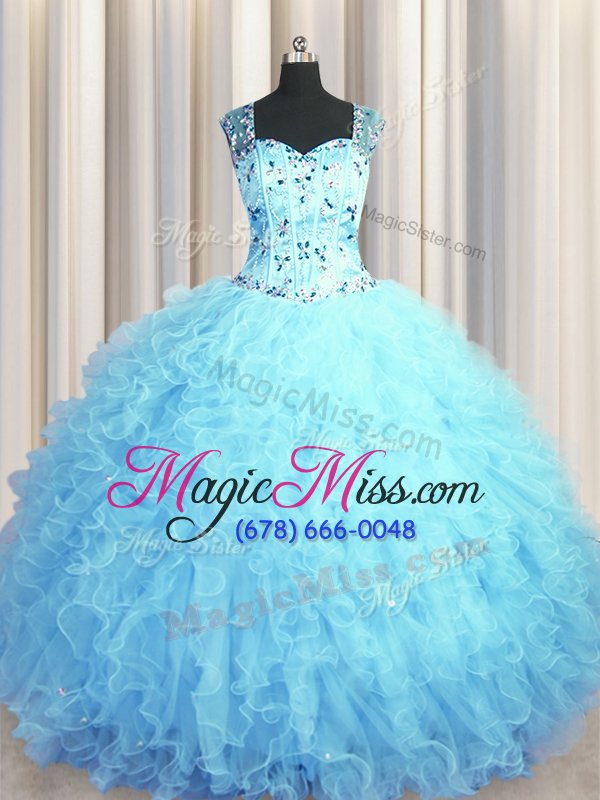wholesale perfect see through zipper up floor length baby blue quince ball gowns tulle sleeveless beading and ruffles