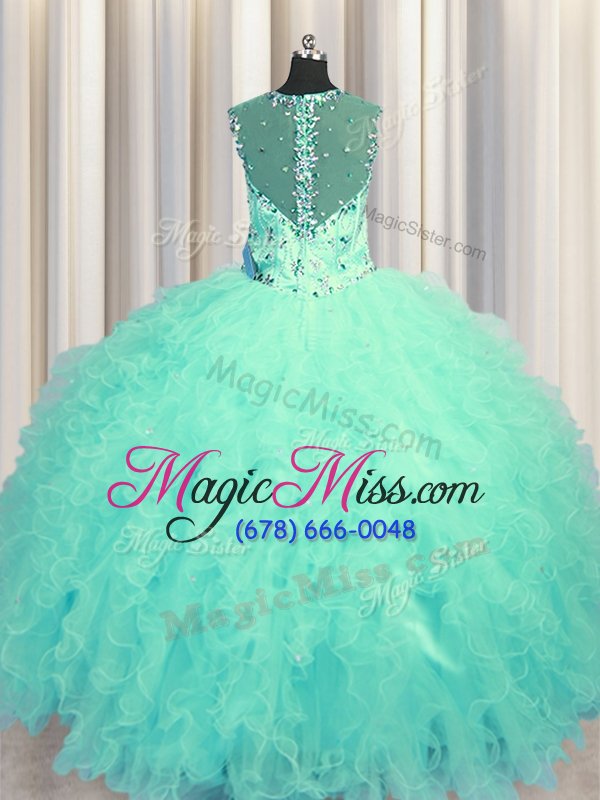 wholesale colorful see through zipper up aqua blue ball gowns tulle square sleeveless beading and ruffles floor length zipper 15th birthday dress