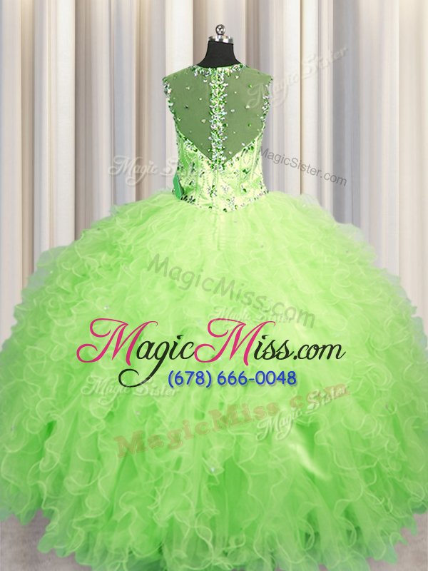 wholesale on sale see through zipper up tulle sleeveless floor length quinceanera dresses and beading and ruffles