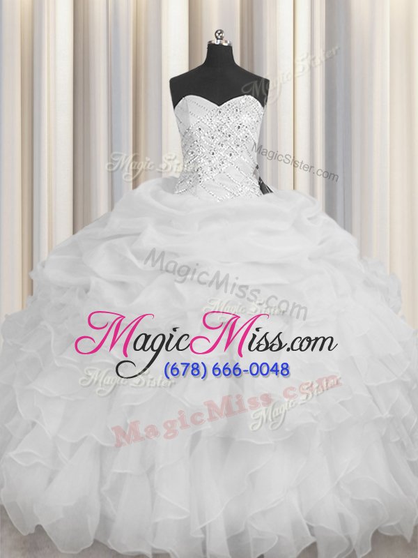 wholesale popular white ball gowns beading and ruffles quince ball gowns lace up organza sleeveless floor length