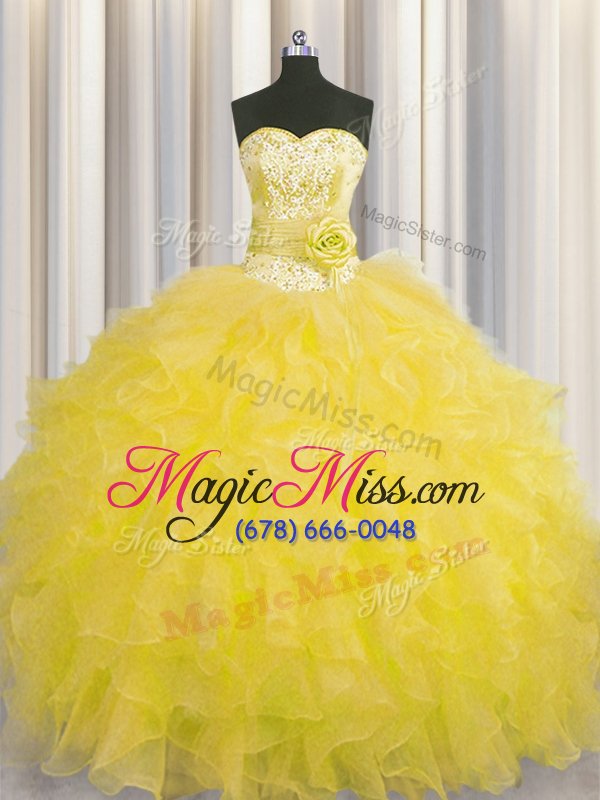 wholesale customized handcrafted flower gold ball gowns organza sweetheart sleeveless beading and ruffles and hand made flower floor length lace up sweet 16 dresses