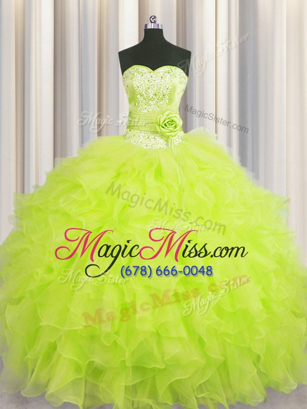 wholesale best selling handcrafted flower organza sweetheart sleeveless lace up beading and ruffles and hand made flower quinceanera gowns in yellow green
