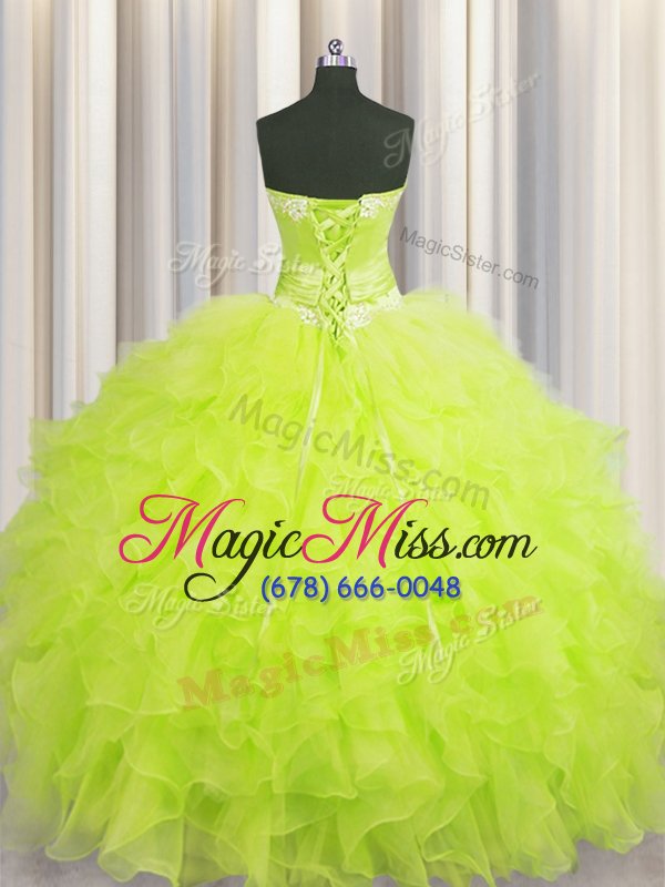wholesale best selling handcrafted flower organza sweetheart sleeveless lace up beading and ruffles and hand made flower quinceanera gowns in yellow green