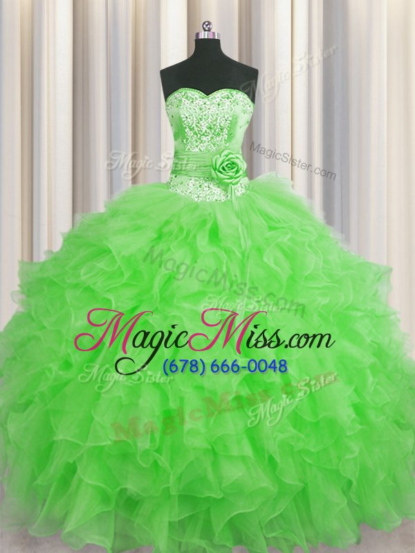 wholesale affordable handcrafted flower floor length lace up quinceanera gowns green and in with beading and ruffles and hand made flower