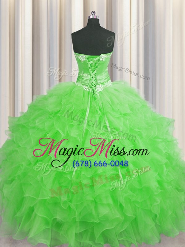 wholesale affordable handcrafted flower floor length lace up quinceanera gowns green and in with beading and ruffles and hand made flower