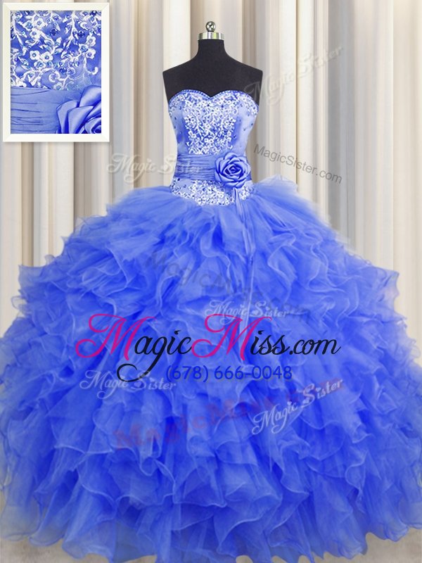 wholesale sweet handcrafted flower royal blue lace up sweetheart beading and ruffles and hand made flower 15 quinceanera dress organza sleeveless
