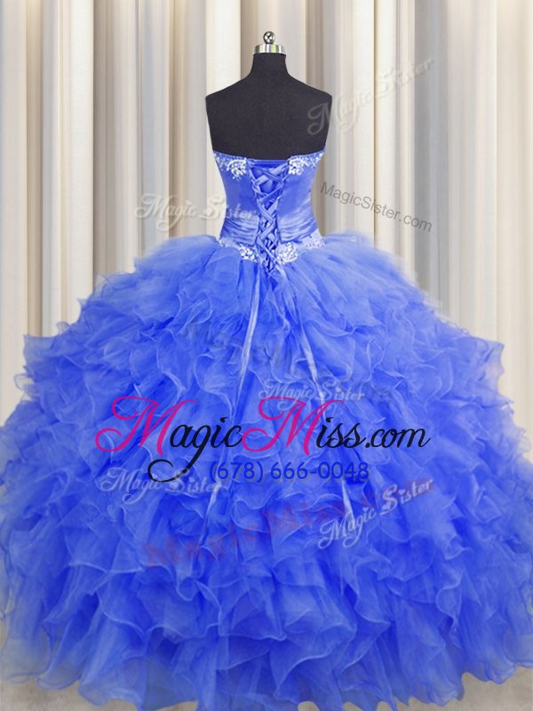 wholesale sweet handcrafted flower royal blue lace up sweetheart beading and ruffles and hand made flower 15 quinceanera dress organza sleeveless
