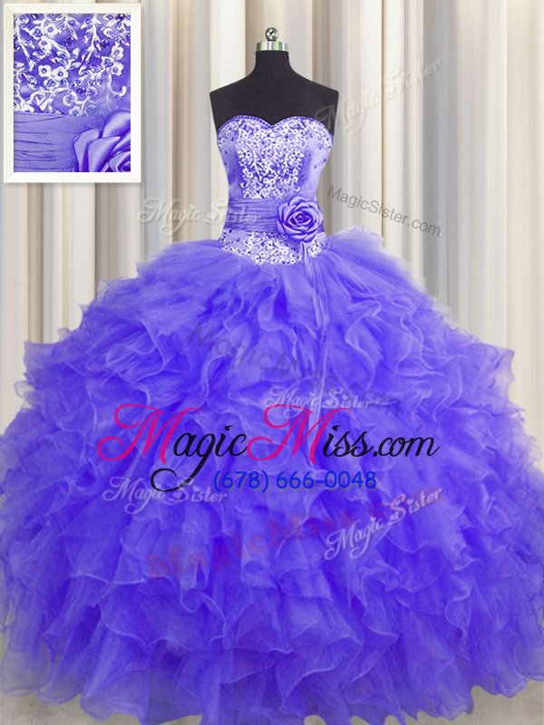 wholesale stunning handcrafted flower lavender lace up quinceanera dress beading and ruffles and hand made flower sleeveless floor length