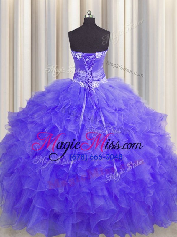 wholesale stunning handcrafted flower lavender lace up quinceanera dress beading and ruffles and hand made flower sleeveless floor length