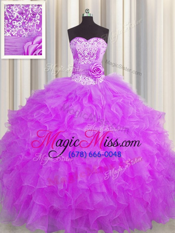 wholesale shining handcrafted flower sleeveless organza floor length lace up quince ball gowns in purple for with beading and ruffles and hand made flower