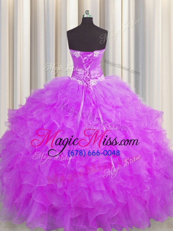 wholesale shining handcrafted flower sleeveless organza floor length lace up quince ball gowns in purple for with beading and ruffles and hand made flower