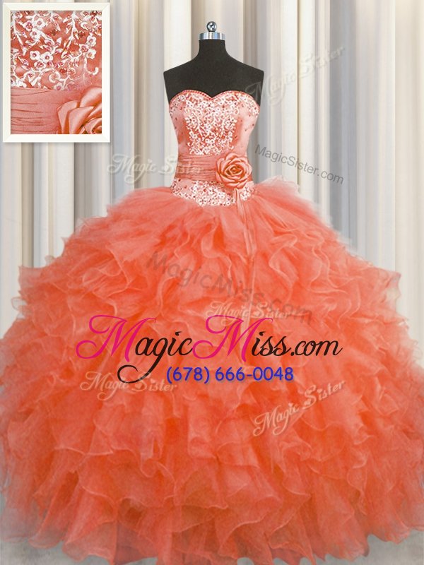 wholesale nice handcrafted flower orange red sleeveless floor length beading and ruffles and hand made flower lace up quinceanera gowns