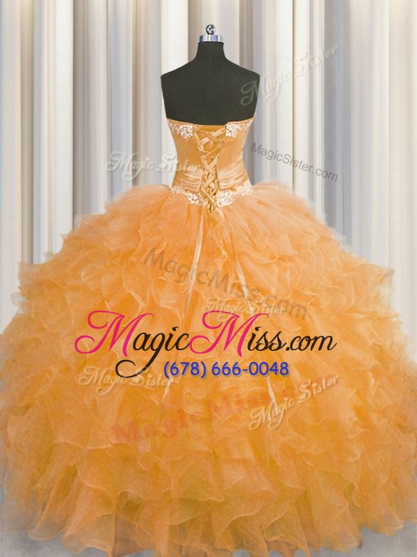 wholesale fantastic handcrafted flower orange organza lace up sweetheart sleeveless floor length quince ball gowns beading and ruffles and hand made flower