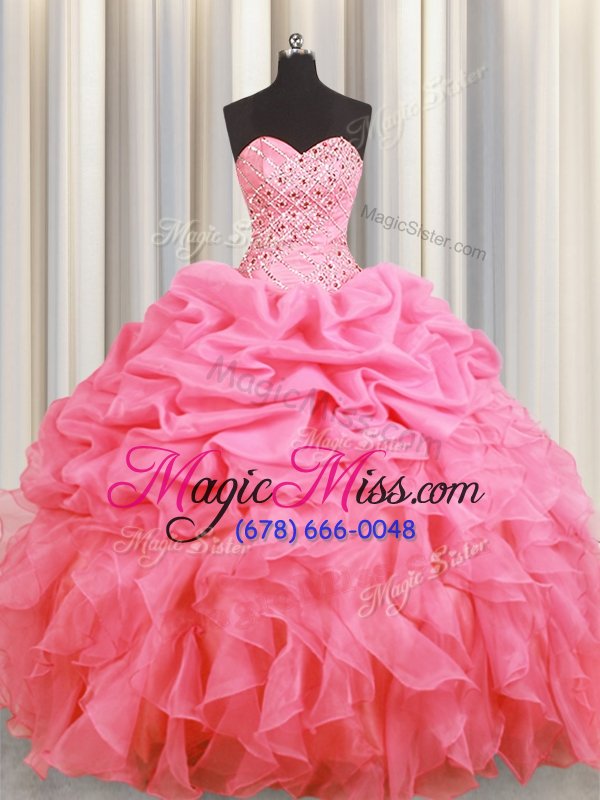 wholesale customized halter top sleeveless floor length beading and ruffles and pick ups lace up quince ball gowns with rose pink