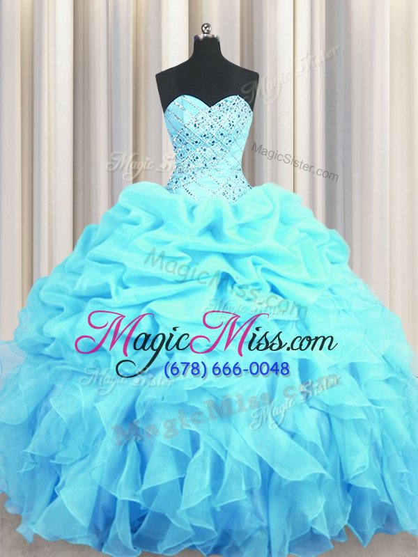 wholesale high quality aqua blue organza lace up quinceanera gown sleeveless floor length beading and ruffles and pick ups