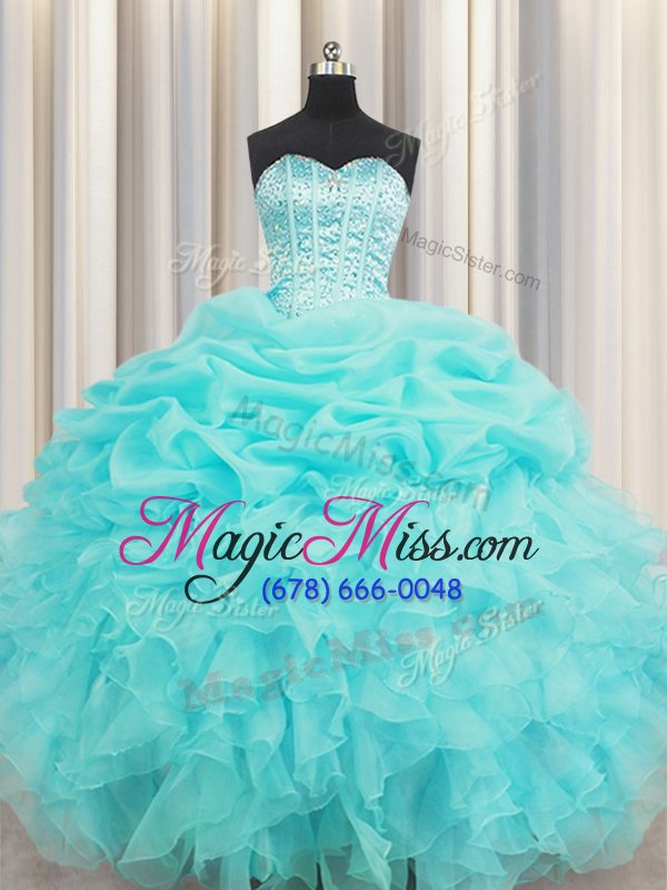 wholesale popular visible boning sleeveless lace up floor length beading and ruffles and pick ups quinceanera gowns