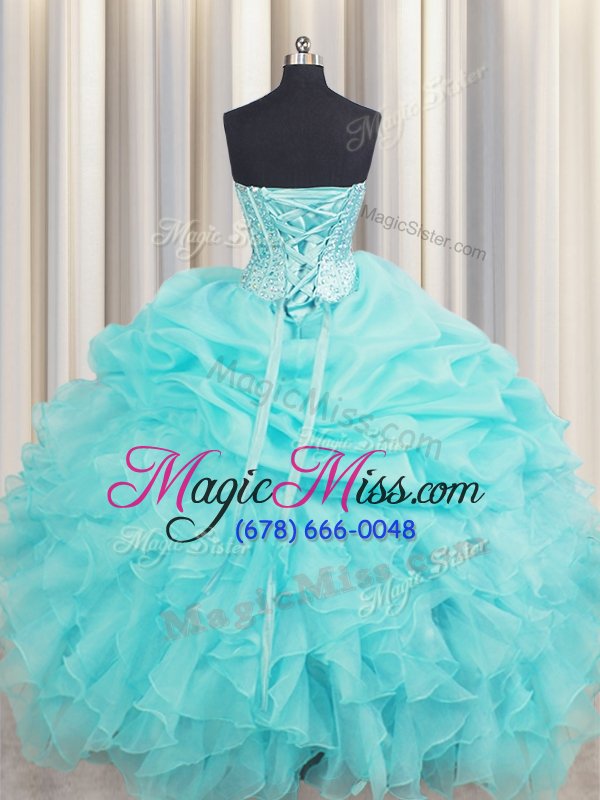 wholesale popular visible boning sleeveless lace up floor length beading and ruffles and pick ups quinceanera gowns