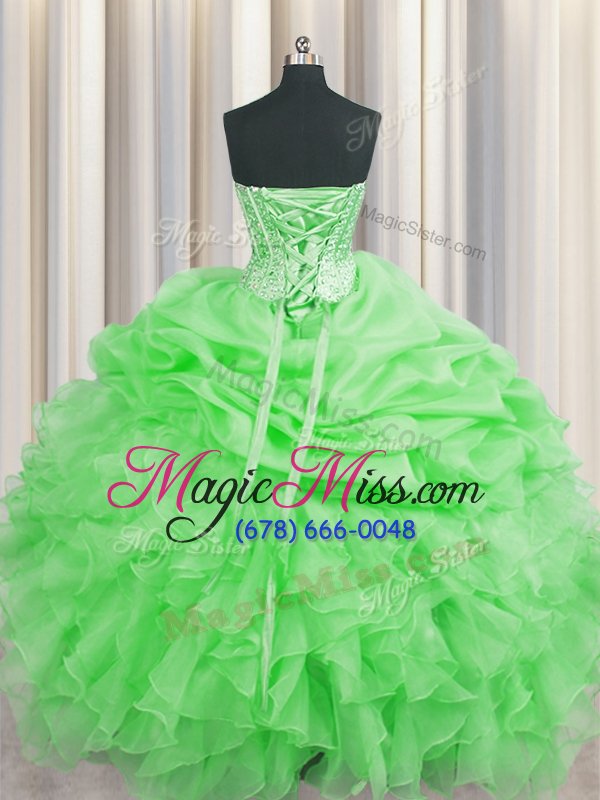 wholesale captivating visible boning green lace up quinceanera gowns beading and ruffles and pick ups sleeveless floor length
