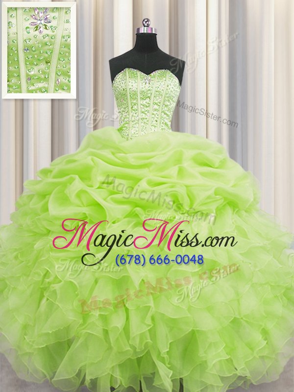 wholesale designer visible boning yellow green sweetheart lace up beading and ruffles and pick ups quinceanera gowns sleeveless
