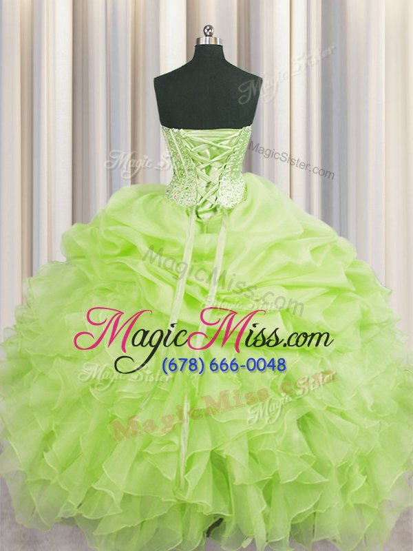 wholesale designer visible boning yellow green sweetheart lace up beading and ruffles and pick ups quinceanera gowns sleeveless