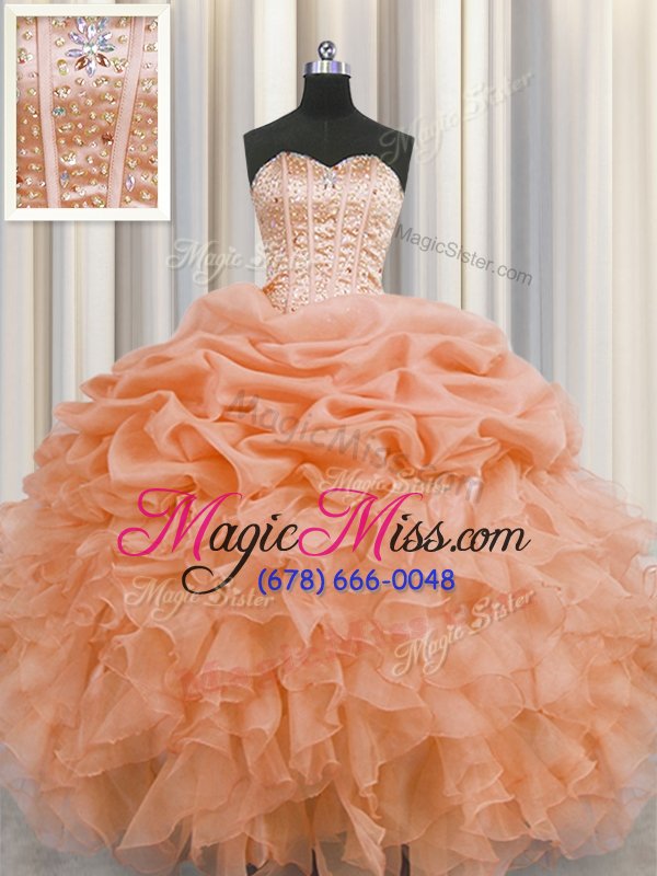 wholesale inexpensive visible boning orange sweet 16 dress military ball and sweet 16 and quinceanera and for with beading and ruffles and pick ups sweetheart sleeveless lace up