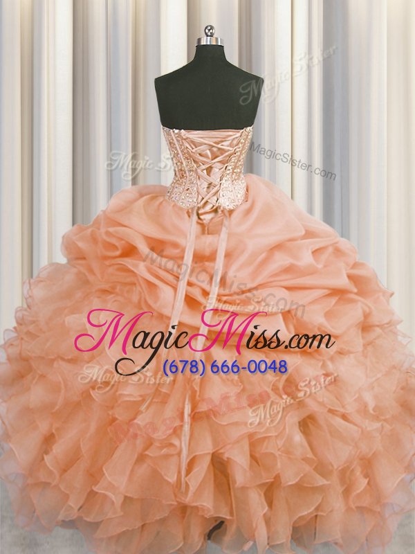 wholesale inexpensive visible boning orange sweet 16 dress military ball and sweet 16 and quinceanera and for with beading and ruffles and pick ups sweetheart sleeveless lace up