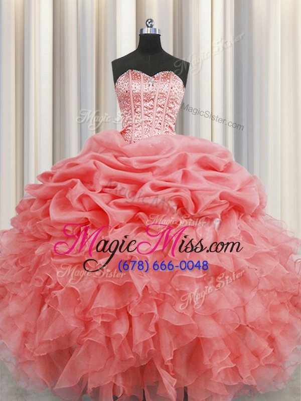 wholesale hot sale visible boning floor length watermelon red quinceanera gown organza sleeveless beading and ruffles and pick ups