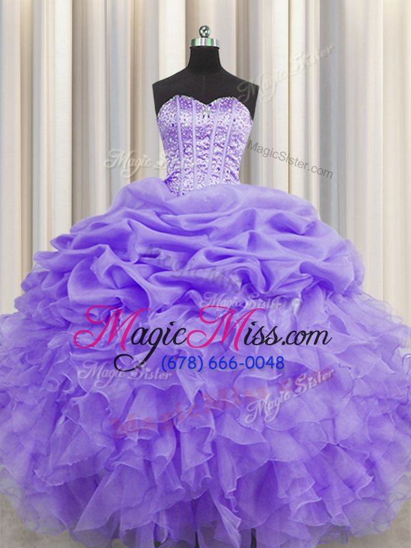wholesale glittering visible boning lavender sleeveless beading and ruffles and pick ups floor length vestidos de quinceanera