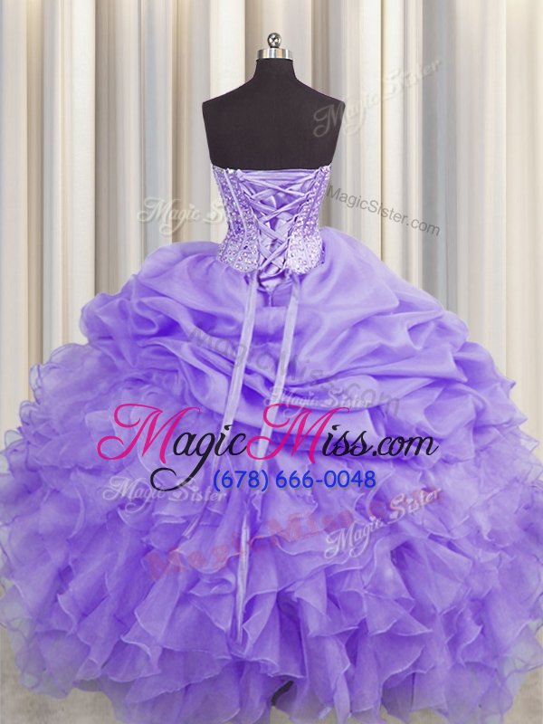 wholesale glittering visible boning lavender sleeveless beading and ruffles and pick ups floor length vestidos de quinceanera