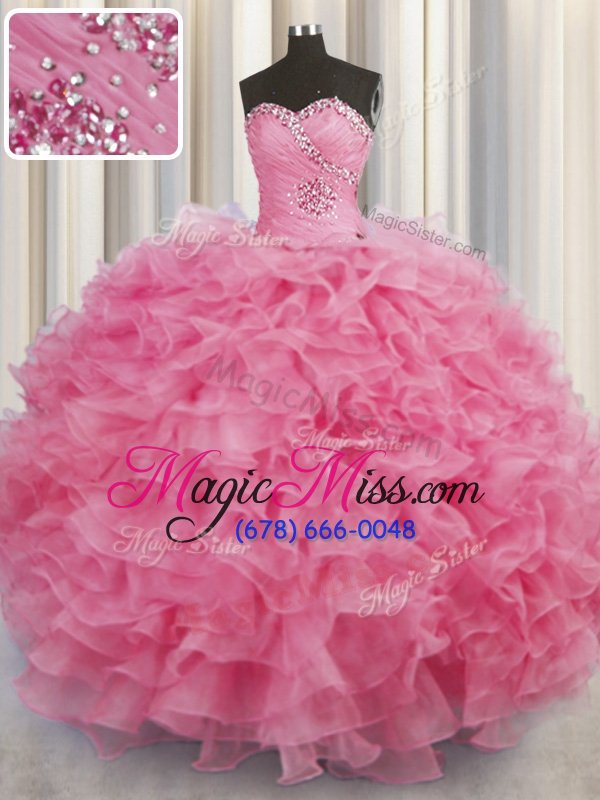 wholesale suitable organza sweetheart sleeveless lace up beading and ruffles quinceanera gown in rose pink