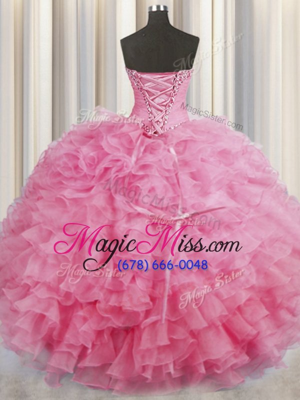 wholesale suitable organza sweetheart sleeveless lace up beading and ruffles quinceanera gown in rose pink