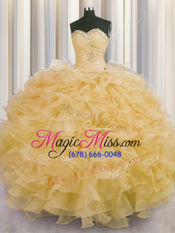 wholesale modern sleeveless organza floor length lace up quinceanera gowns in champagne for with beading and ruffles